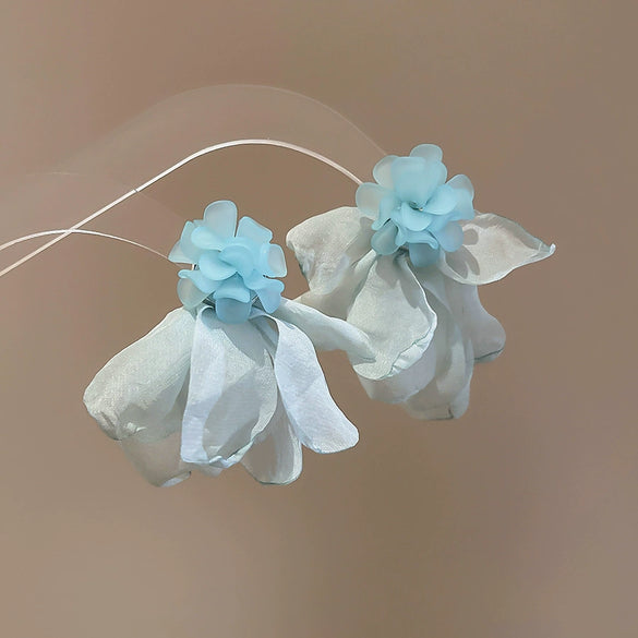 Handmade Fabric Chiffon Flower Tassel Earrings For Women With Rice Beads In Vacation Style