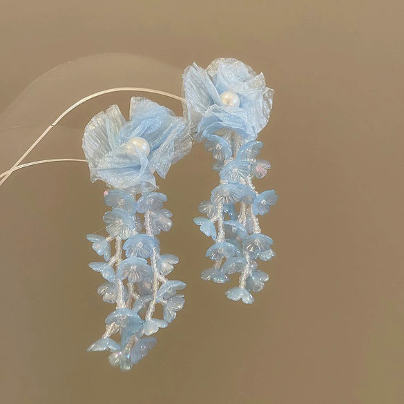 Handmade Fabric Chiffon Flower Tassel Earrings For Women With Rice Beads In Vacation Style