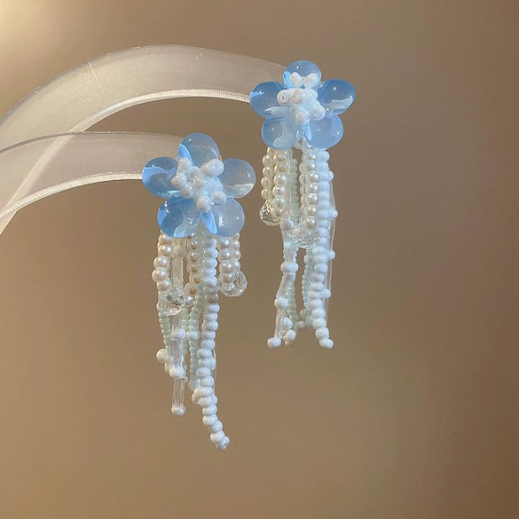 Handmade Fabric Chiffon Flower Tassel Earrings For Women With Rice Beads In Vacation Style