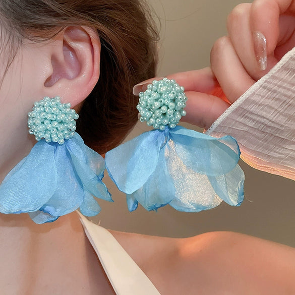 Handmade Fabric Chiffon Flower Tassel Earrings For Women With Rice Beads In Vacation Style