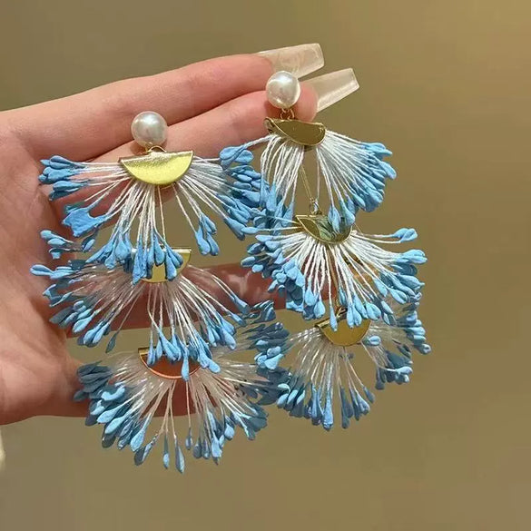 Handmade Fabric Chiffon Flower Tassel Earrings For Women With Rice Beads In Vacation Style