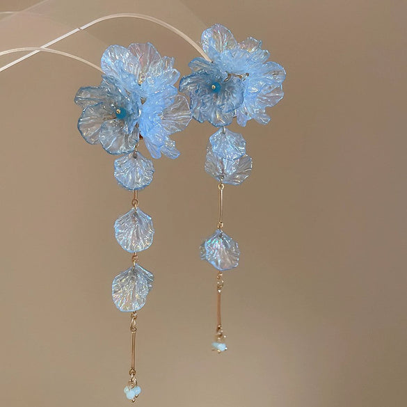 Handmade Fabric Chiffon Flower Tassel Earrings For Women With Rice Beads In Vacation Style