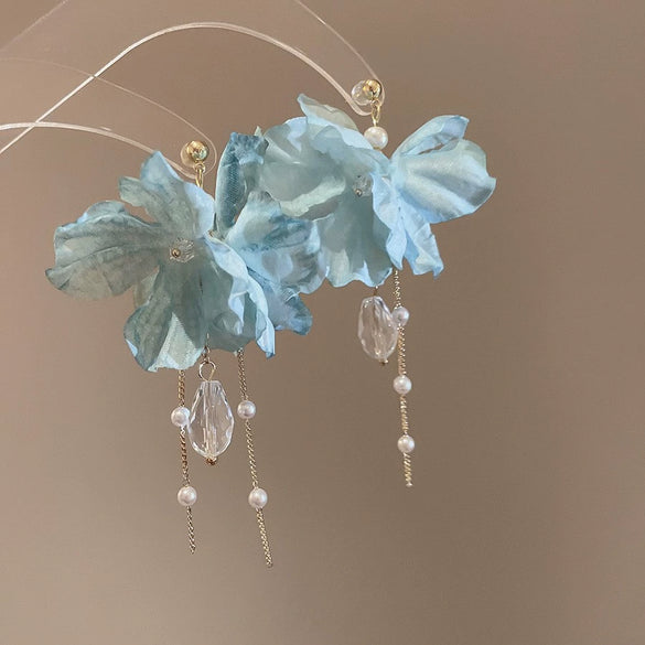 Handmade Fabric Chiffon Flower Tassel Earrings For Women With Rice Beads In Vacation Style