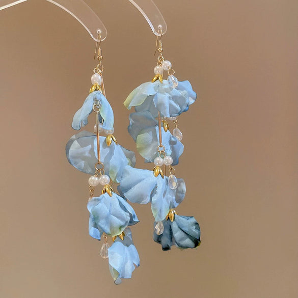 Handmade Fabric Chiffon Flower Tassel Earrings For Women With Rice Beads In Vacation Style