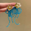 Handmade Fabric Chiffon Flower Tassel Earrings For Women With Rice Beads In Vacation Style