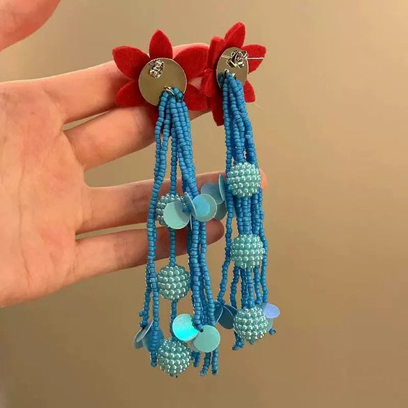 Handmade Fabric Chiffon Flower Tassel Earrings For Women With Rice Beads In Vacation Style