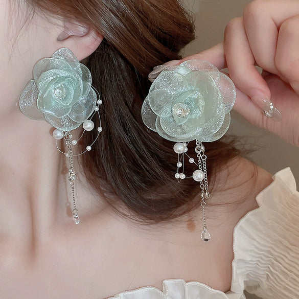 Handmade Fabric Chiffon Flower Tassel Earrings For Women With Rice Beads In Vacation Style