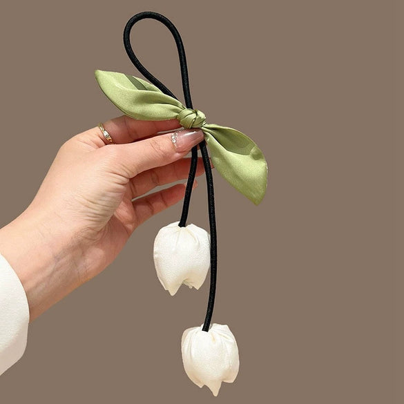 Handmade Fabric Flower Bud Tulip Tassel Hair Rope For Women