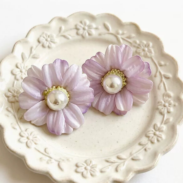 Handmade Fabric Flower Earrings With Pearl Accent And Steel Posts Fresh Simple Floral Style For Women