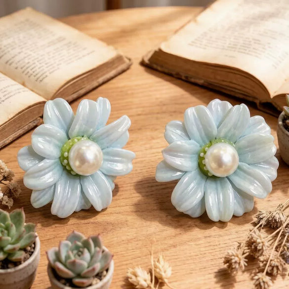 Handmade Fabric Flower Earrings With Pearl Accent And Steel Posts Fresh Simple Floral Style For Women