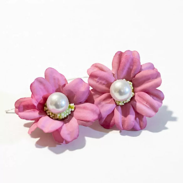 Handmade Fabric Flower Earrings With Pearl Accent And Steel Posts Fresh Simple Floral Style For Women