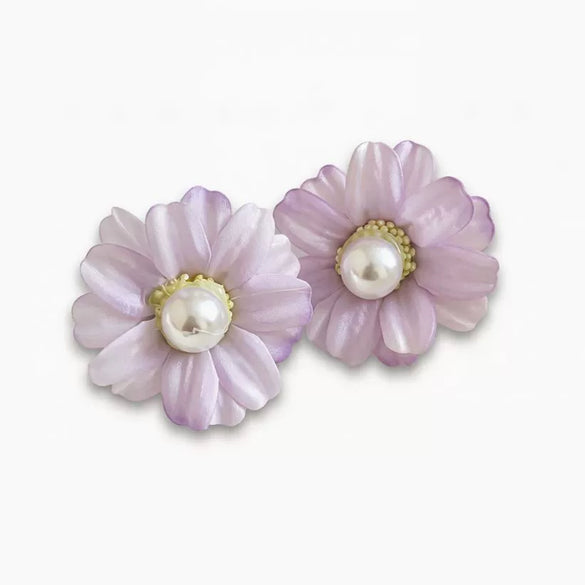 Handmade Fabric Flower Earrings With Pearl Accent And Steel Posts Fresh Simple Floral Style For Women