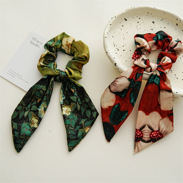 Handmade Fabric Niche Design Oil Painting Bow Ponytail Hair Tie