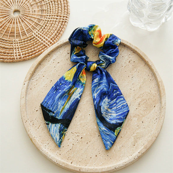 Handmade Fabric Niche Design Oil Painting Bow Ponytail Hair Tie