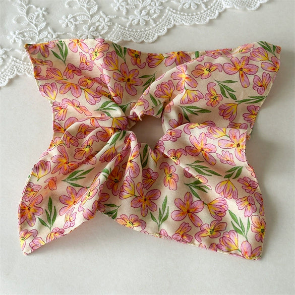 Handmade Fabric Square Scarf Scrunchie Hair Tie For Women Floral Oil Painting And Vacation Style