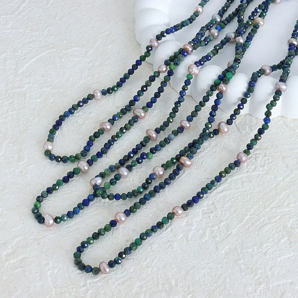 Handmade Fairy Elegant Clavicle Chain With Cut Natural Lapis And Colored Freshwater Pearl Titanium Steel Geometric Pattern Electroplated For Women