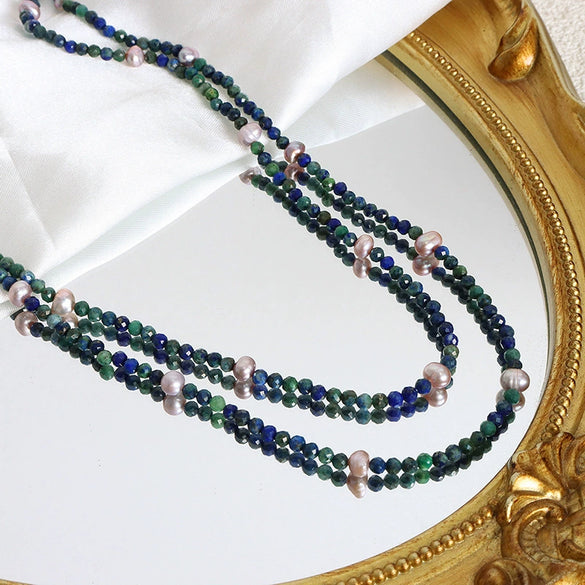 Handmade Fairy Elegant Clavicle Chain With Cut Natural Lapis And Colored Freshwater Pearl Titanium Steel Geometric Pattern Electroplated For Women