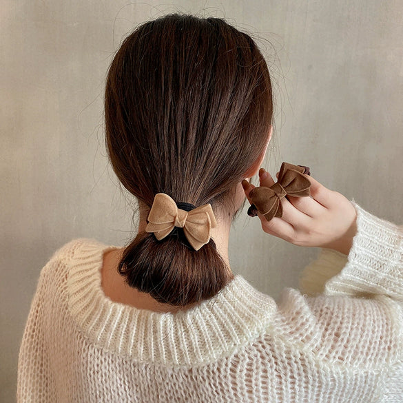 Handmade Flocking Plush Bow Scrunchie Hair Ring Soft Hair Tie Headwear For Women