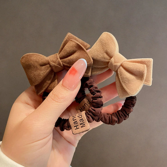 Handmade Flocking Plush Bow Scrunchie Hair Ring Soft Hair Tie Headwear For Women