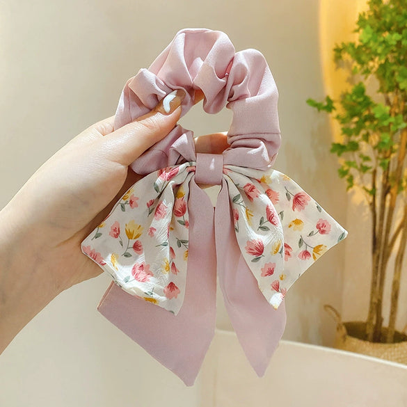 Handmade Floral Bow Hair Ring Silk Scarf Hair Band Retro Headwear For Women