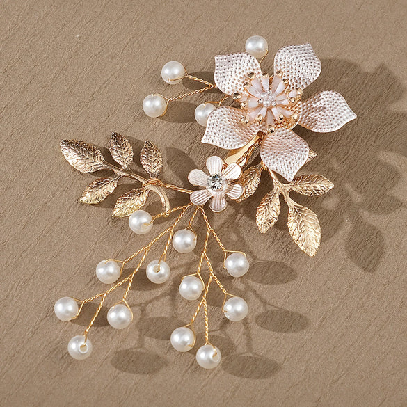 Handmade Floral Pearl Duckbill Hair Clip Electroplated Alloy Bridal Side Clip Women's Hair Accessory