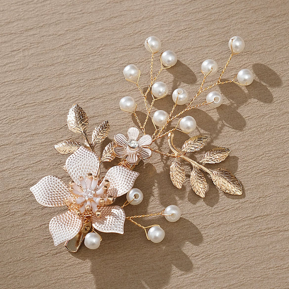 Handmade Floral Pearl Duckbill Hair Clip Electroplated Alloy Bridal Side Clip Women's Hair Accessory