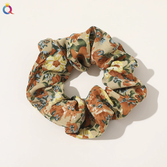 Handmade Floral Printed Cloth Hair Tie For Women With Retro Oil Painting Style Flower Design