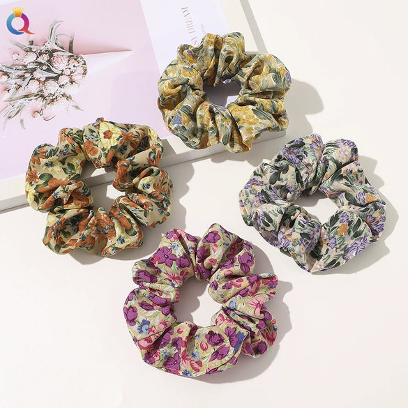 Handmade Floral Printed Cloth Hair Tie For Women With Retro Oil Painting Style Flower Design