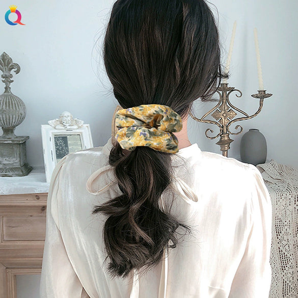 Handmade Floral Printed Cloth Hair Tie For Women With Retro Oil Painting Style Flower Design