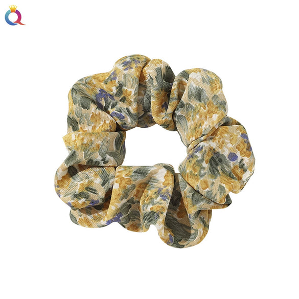 Handmade Floral Printed Cloth Hair Tie For Women With Retro Oil Painting Style Flower Design