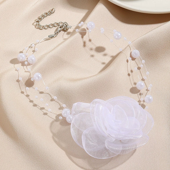 Handmade Flower Patterned Imitation Pearl Choker Necklace For Women