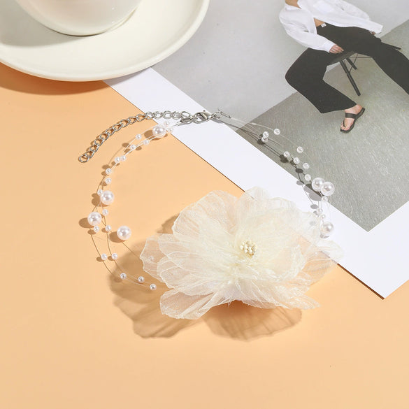 Handmade Flower Patterned Imitation Pearl Choker Necklace For Women