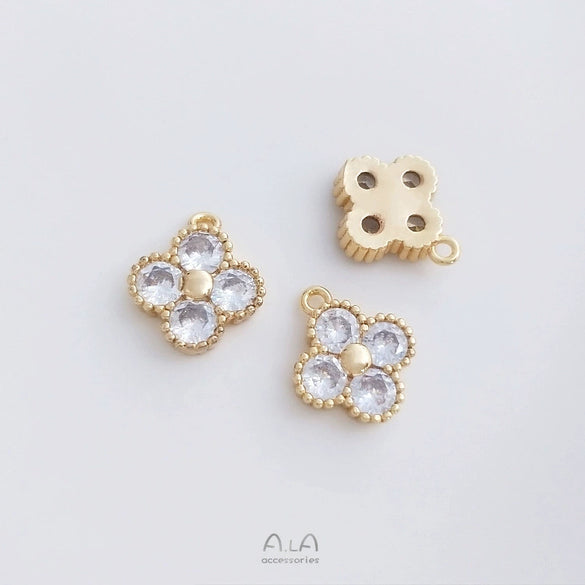 Handmade Four Leaf Clover Natural Zircon Pendant With Electroplated Gold Finish For Diy Clavicle Necklace And Bracelet Accessories