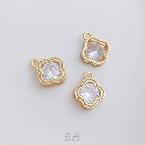 Handmade Four Leaf Clover Natural Zircon Pendant With Electroplated Gold Finish For Diy Clavicle Necklace And Bracelet Accessories