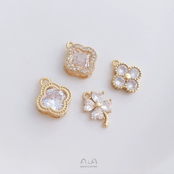 Handmade Four Leaf Clover Natural Zircon Pendant With Electroplated Gold Finish For Diy Clavicle Necklace And Bracelet Accessories