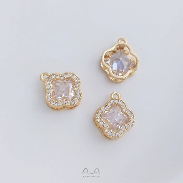 Handmade Four Leaf Clover Natural Zircon Pendant With Electroplated Gold Finish For Diy Clavicle Necklace And Bracelet Accessories