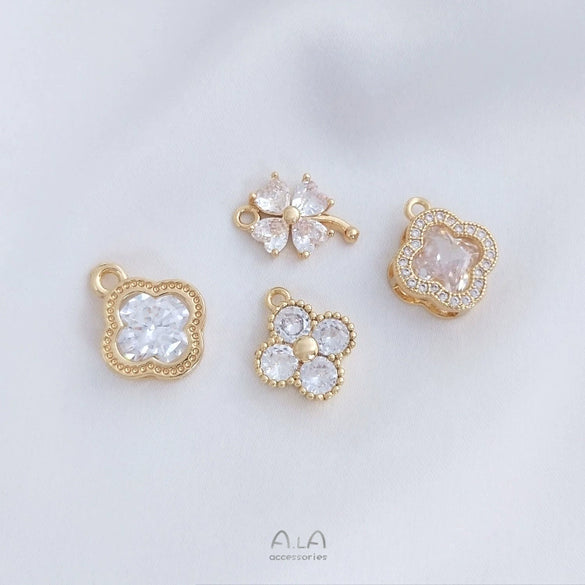 Handmade Four Leaf Clover Natural Zircon Pendant With Electroplated Gold Finish For Diy Clavicle Necklace And Bracelet Accessories