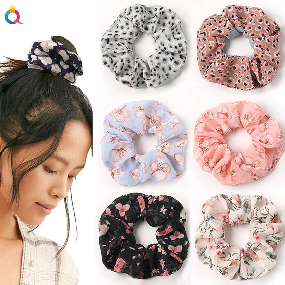 Handmade Fresh Floral Chiffon Scrunchie Hair Tie With High Elasticity Fabric Ponytail Holder