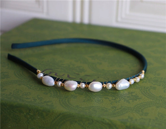 Handmade Freshwater Baroque Pearl Hairpin Hairband For Women Medieval Style Retro Dark Green Hair Accessory