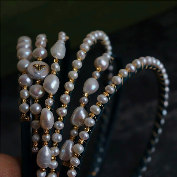 Handmade Freshwater Baroque Pearl Hairpin Hairband For Women Medieval Style Retro Dark Green Hair Accessory