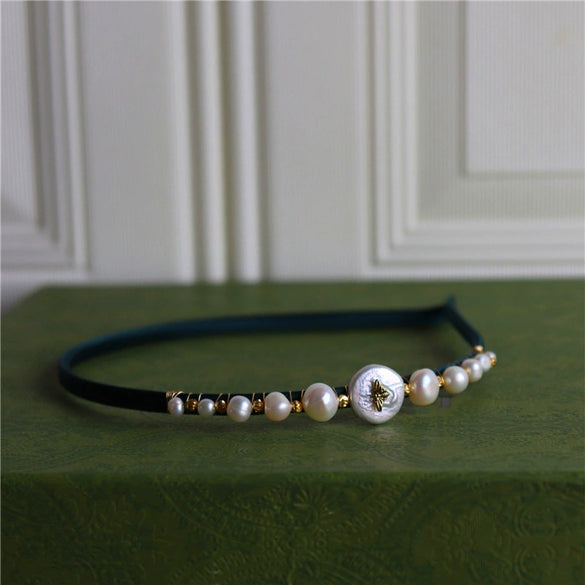 Handmade Freshwater Baroque Pearl Hairpin Hairband For Women Medieval Style Retro Dark Green Hair Accessory