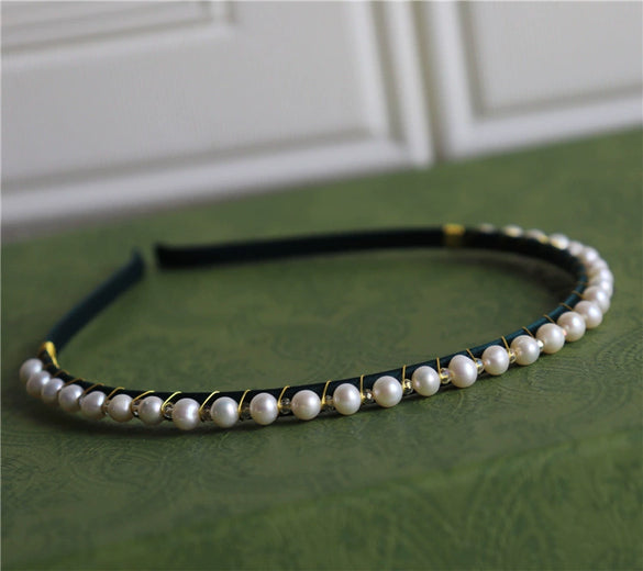 Handmade Freshwater Baroque Pearl Hairpin Hairband For Women Medieval Style Retro Dark Green Hair Accessory