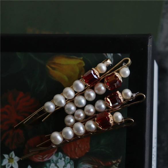 Handmade Freshwater Pearl And Zircon Side Clip Hairpin Simple Elegant Retro Style Women's Word Clip Hair Accessory