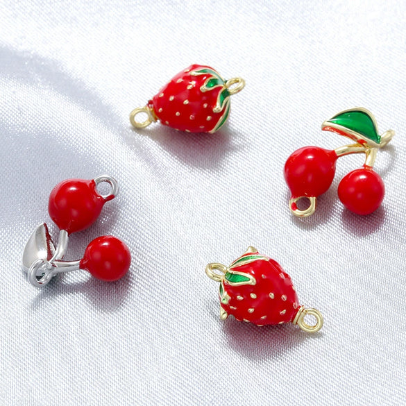 Handmade Fruit Style Copper Strawberry Cherry Pendant Bracelet Necklace Accessories With Dripping Oil Design