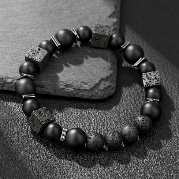 Handmade Geometric Black Frosted Volcanic Stone Bracelet Unisex Hand Jewelry Accessories
