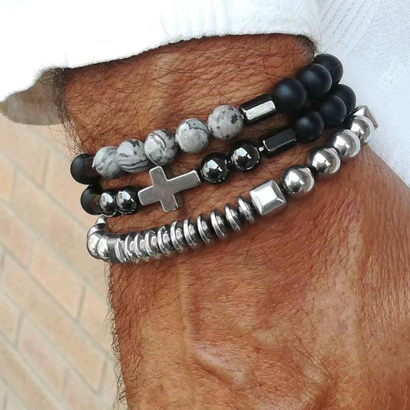 Handmade Geometric Black Iron Stone Bracelet For Couple