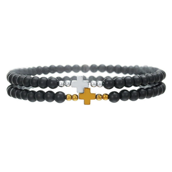 Handmade Geometric Black Iron Stone Bracelet For Couple