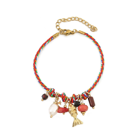 Handmade Geometric Bracelet With Coral Natural Freshwater Pearl Rope And Copper
