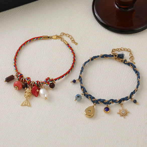 Handmade Geometric Bracelet With Coral Natural Freshwater Pearl Rope And Copper