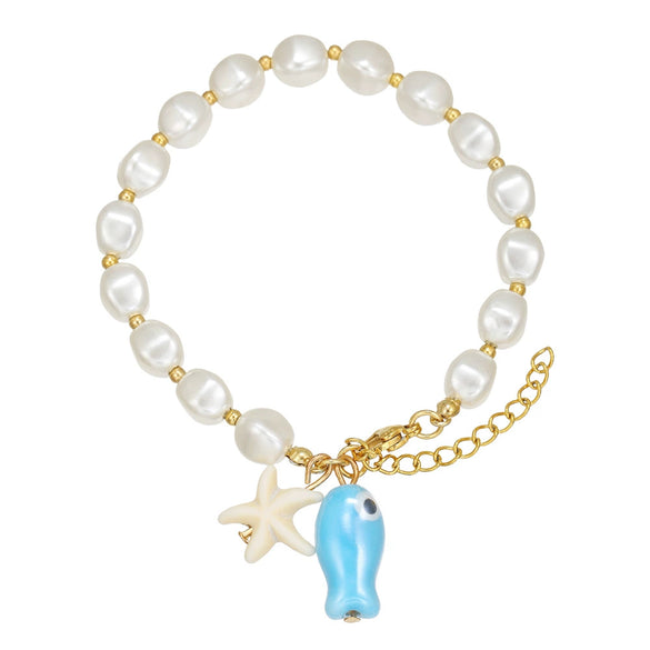 Handmade Geometric Ceramic Turquoise Pearl Starfish Fish Bracelet Unisex